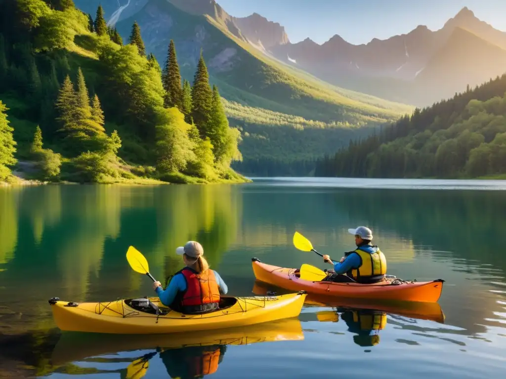 Un grupo de kayakistas se prepara para explorar ríos y lagos, rodeados de naturaleza serena y majestuosas montañas