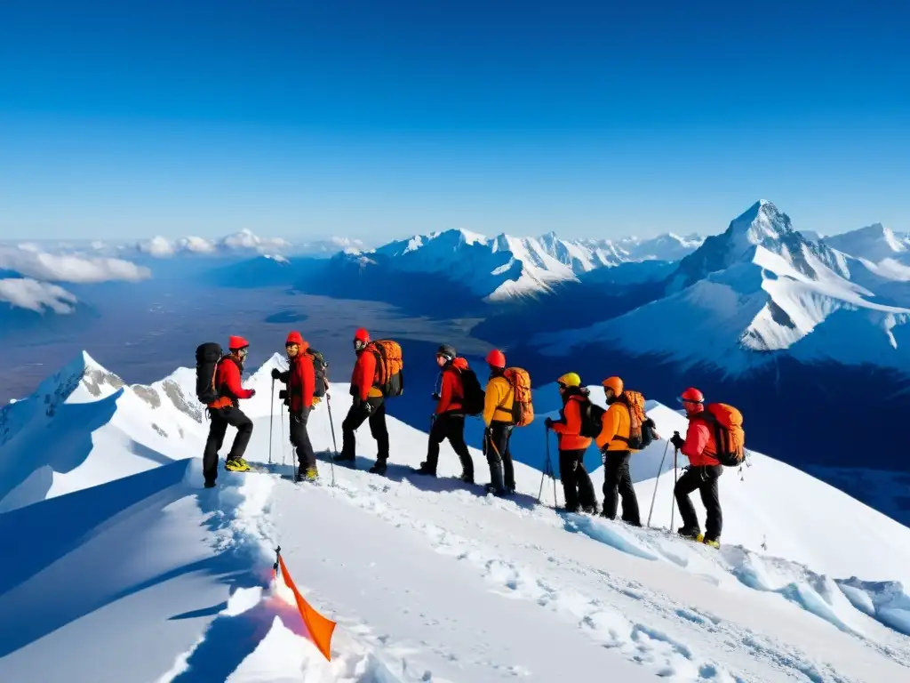 Grupo de montañistas con equipos de emergencia aeronáuticos en una cumbre nevada con cielo azul despejado