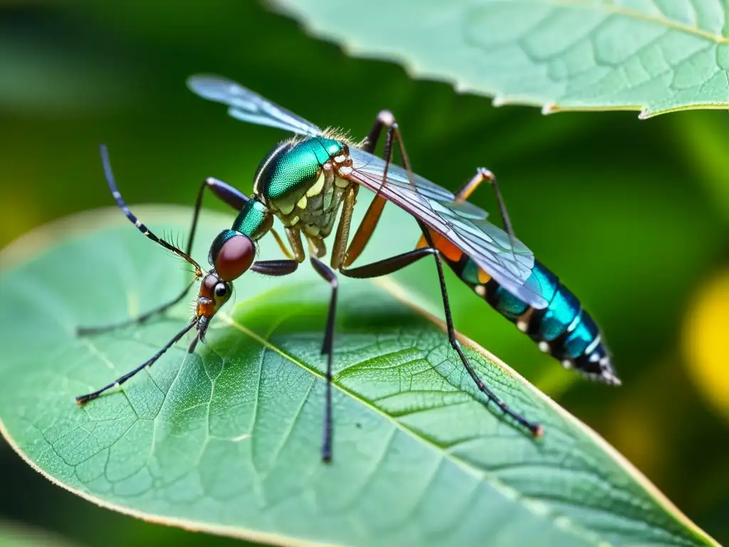 Un grupo de mosquitos tropicales en una hoja, con detalles de sus alas iridiscentes y patas delicadas