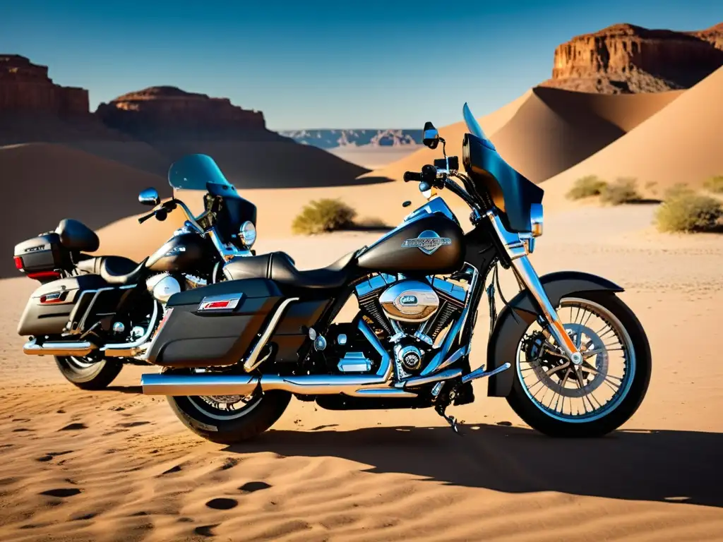 Un grupo de motocicletas Harley Davidson estacionadas en el desierto, bañadas por la luz del sol y rodeadas de polvo y grava