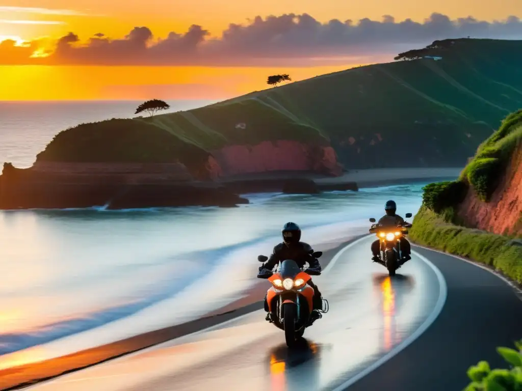 Un grupo de motociclistas recorren una carretera costera al atardecer, reflejando el cielo anaranjado y rosa en el mar