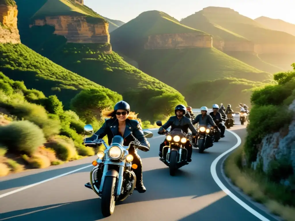 Grupo de motociclistas rebeldes recorriendo una serpenteante carretera de montaña al atardecer, con un aura dorada