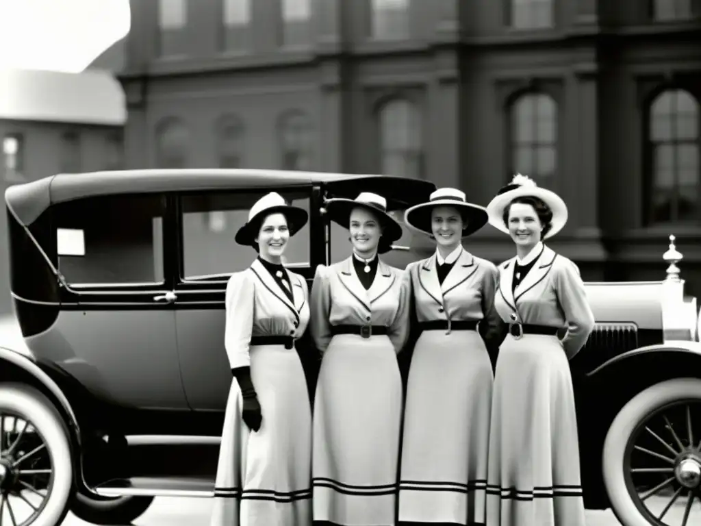 Grupo de mujeres orgullosas posando junto a un coche vintage, reflejando el empoderamiento femenino a través del transporte en la historia