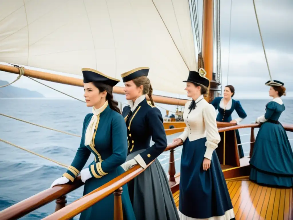 Un grupo de mujeres en trajes históricos marítimos en una gran embarcación del siglo XIX, realizando tareas marítimas, destacando su papel en la historia del transporte marítimo