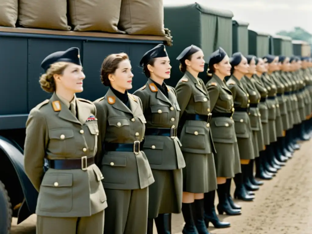 Grupo de mujeres en uniforme militar frente a camiones, mostrando su participación en transporte militar durante las guerras mundiales