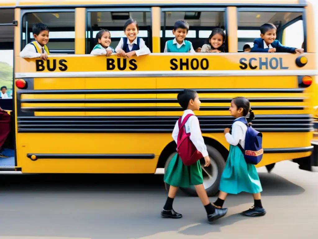 Un grupo de niños de diversas culturas abordan diferentes tipos de transporte escolar histórico, reflejando la diversidad cultural