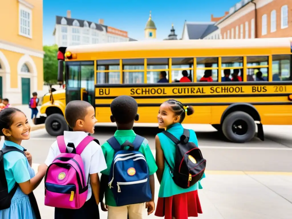 Un grupo de niños escolares de diversas culturas esperan en fila para abordar un autobús escolar mientras la ciudad bulle de actividad a su alrededor