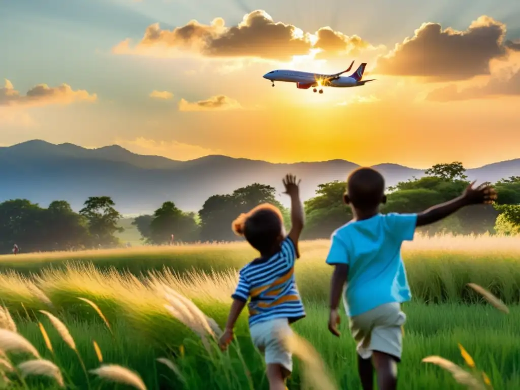 Grupo de niños inspirados por la evolución del transporte aéreo, maravillados por un avión en un campo soleado