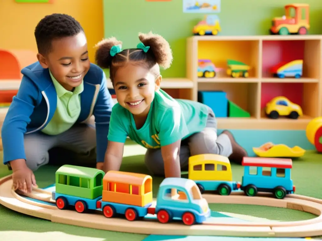 Un grupo de niños juega con un tren ecológico en un aula soleada, rodeados de materiales educativos sobre transporte sostenible