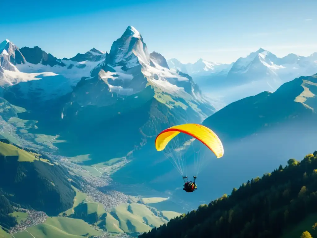 Grupo de parapentes surcando los impresionantes picos nevados de los Alpes suizos