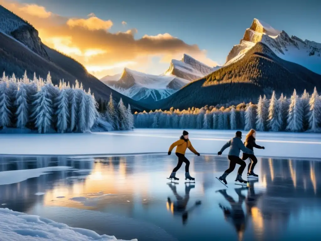 Patinaje artístico en lago helado al atardecer Grupo de patinadores sobre hielo en un lago rodeado de montañas nevadas al atardecer