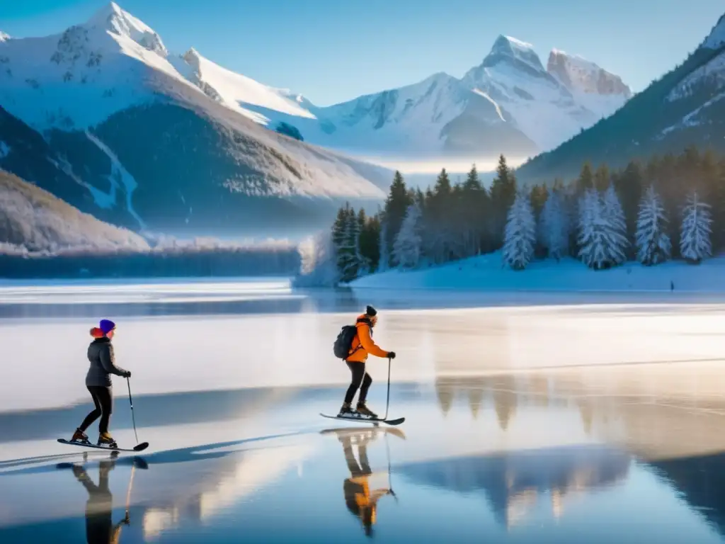 Patinar sobre hielo en paisaje invernal Un grupo disfruta del patinaje sobre hielo en un lago congelado rodeado de montañas nevadas