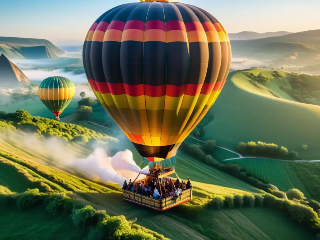 Un grupo de personas en atuendos lujosos aborda un globo aerostático colorido en un paisaje natural impresionante al amanecer