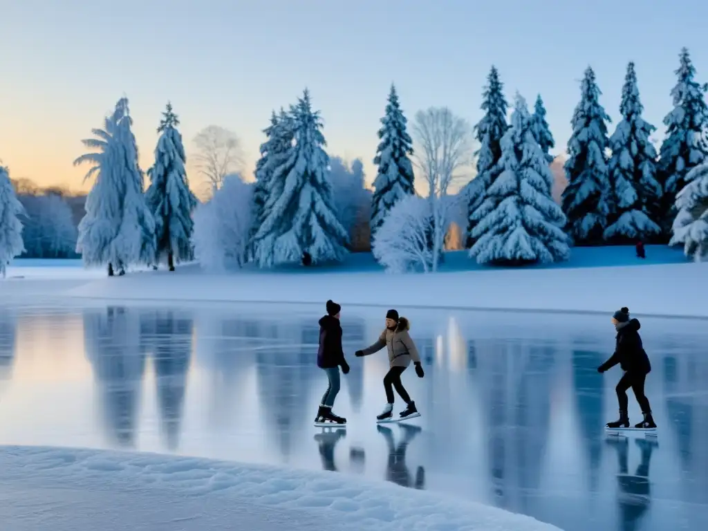 Patinar sobre hielo: camaradería invernal Un grupo de personas diversas disfrutan del patinaje sobre hielo en un lago invernal, creando patrones elegantes en el hielo