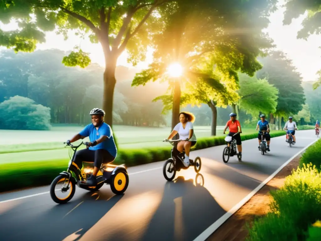 Un grupo de personas con diversas habilidades disfruta de un paseo en bicicletas adaptadas para diversidad funcional, irradiando alegría y confianza en un escenario escénico bañado por la cálida luz del sol