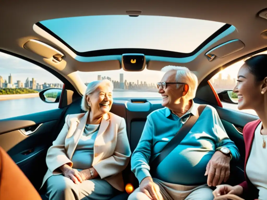 Un grupo de personas mayores sonrientes disfrutan de un viaje en un coche moderno y espacioso, con características de accesibilidad