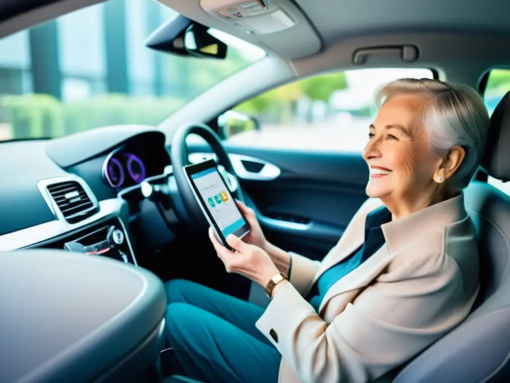 Un grupo de personas mayores sonrientes disfrutan de un viaje en un moderno coche accesible