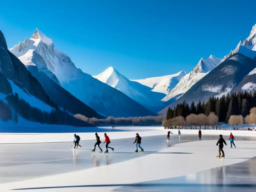 Patinar sobre hielo en un paraíso invernal Un grupo de personas disfruta del patinaje sobre hielo en un lago congelado rodeado de montañas nevadas