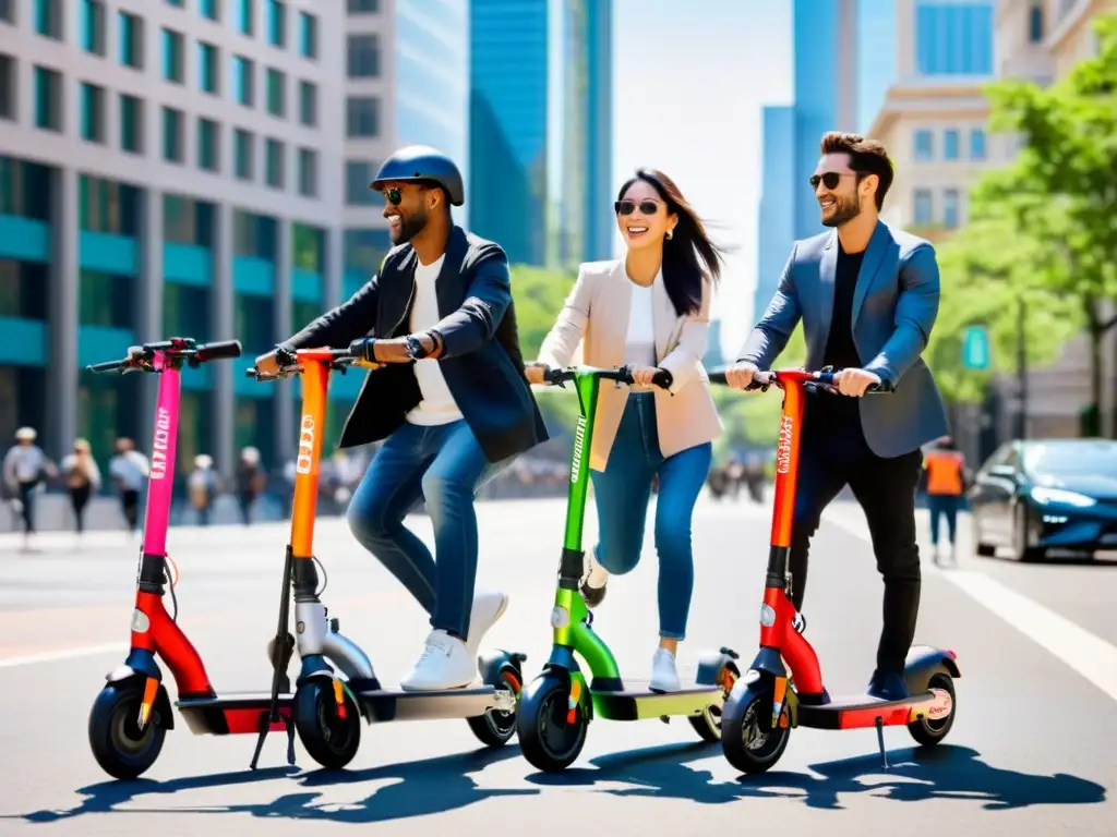 Grupo de personas en scooters eléctricos plegables para movilidad urbana, recorriendo una bulliciosa ciudad con edificios icónicos de fondo