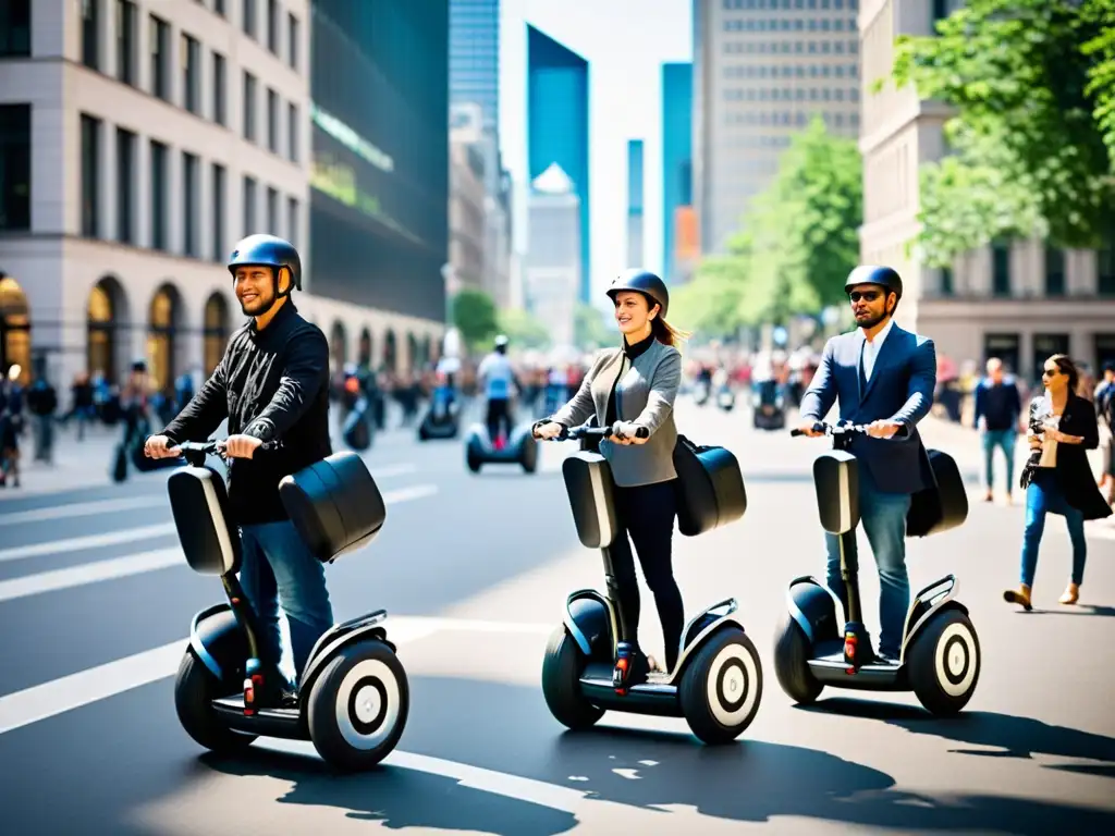 Grupo de personas montando Segways en una bulliciosa calle de la ciudad, destacando el impacto del Segway en la movilidad urbana