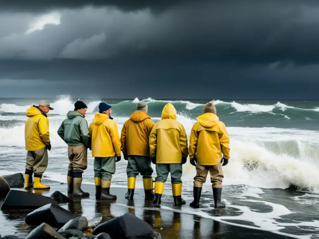 Grupo de pescadores luchando con redes llenas de peces plateados en la costa rocosa