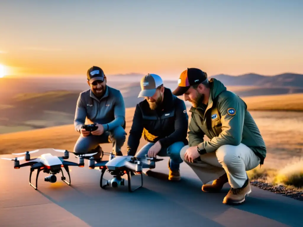 Un grupo de pilotos de drones calibra equipo al atardecer, listos para capturar imágenes aéreas espectaculares