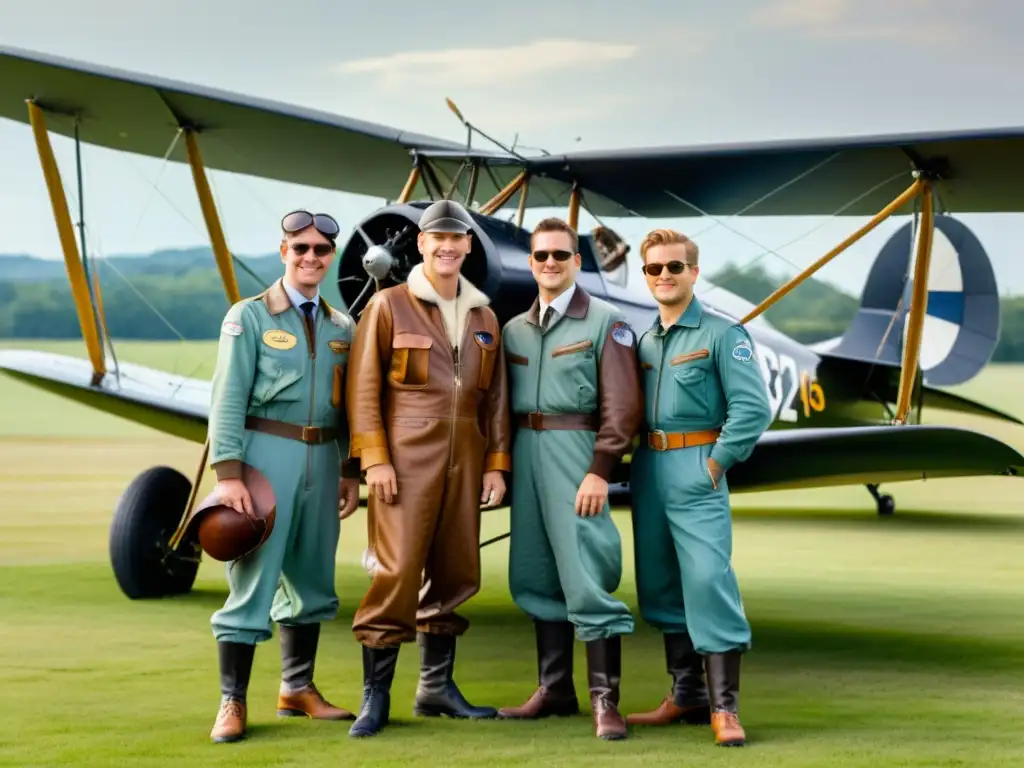 Un grupo de pilotos de la historia de los primeros pilotos posa junto a un biplano clásico en un campo, evocando la nostalgia de la aviación pionera