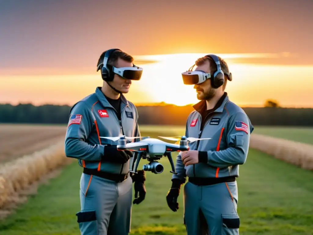 Un grupo de pilotos de UAV en un campo al atardecer, preparando sus drones con equipamiento para piloto de UAV, rodeados de tecnología de vanguardia