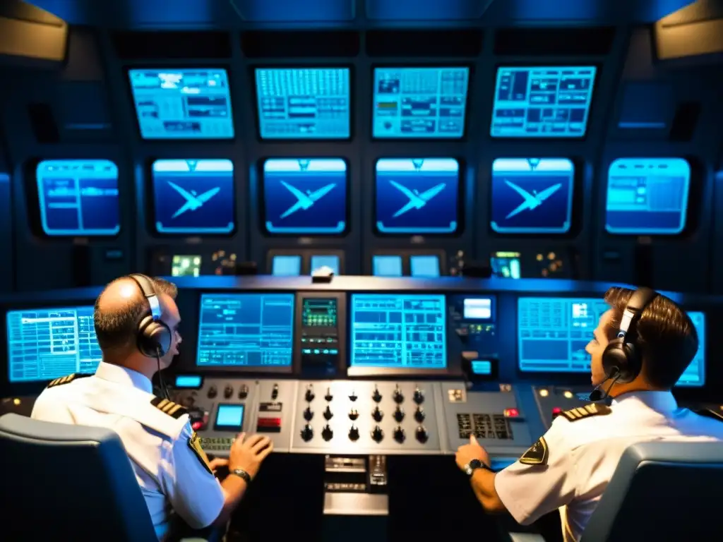 Un grupo de pilotos en uniforme alrededor de una consola de comunicación por radio en una sala de control tenue