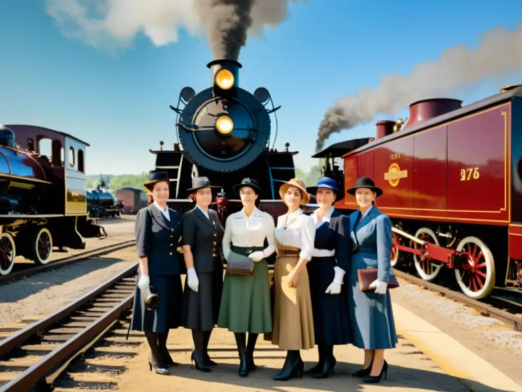 Un grupo de pioneras en la evolución del transporte posan orgullosas frente a una locomotora de vapor vintage en un bullicioso patio de trenes