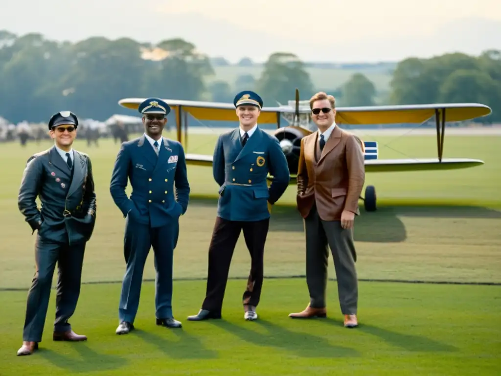 Grupo de pioneros de la aviación posando con sus biplanos en un campo, evocando la historia de los primeros pilotos