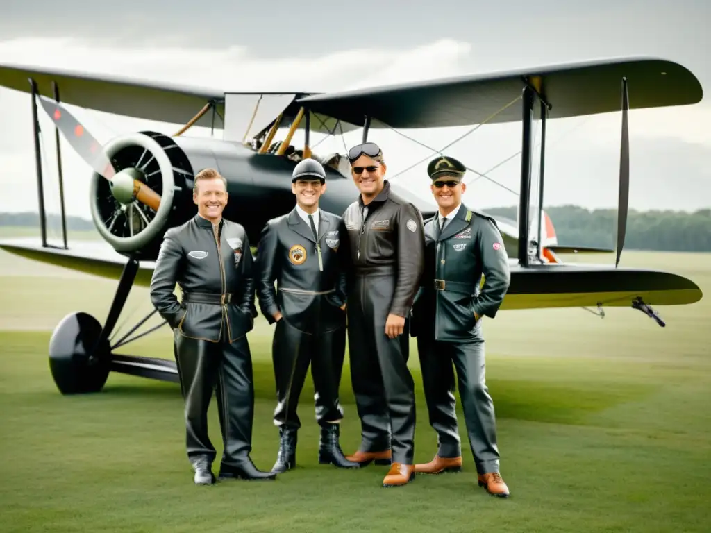 Grupo de pioneros pilotos junto a sus biplanos en un campo, capturando la historia de los primeros pilotos y la emoción de la era del vuelo temprano