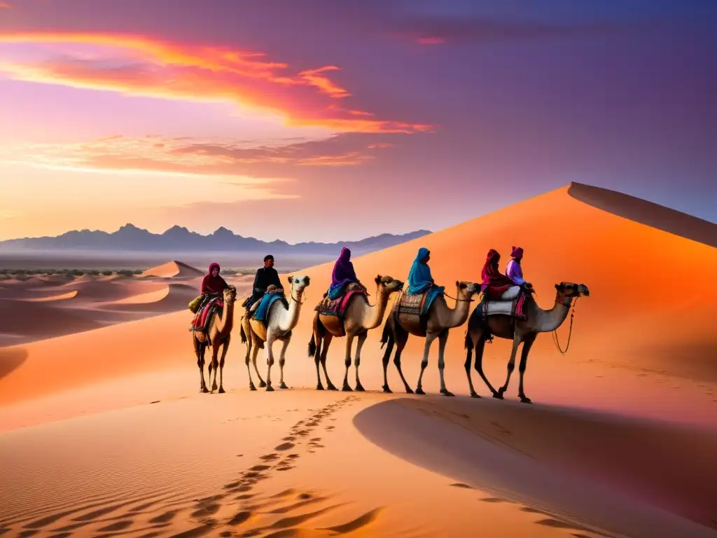 Grupo de pueblos nómadas viajando por el desierto con camellos y vehículos móviles, en un escenario culturalmente rico y vibrante atardecer