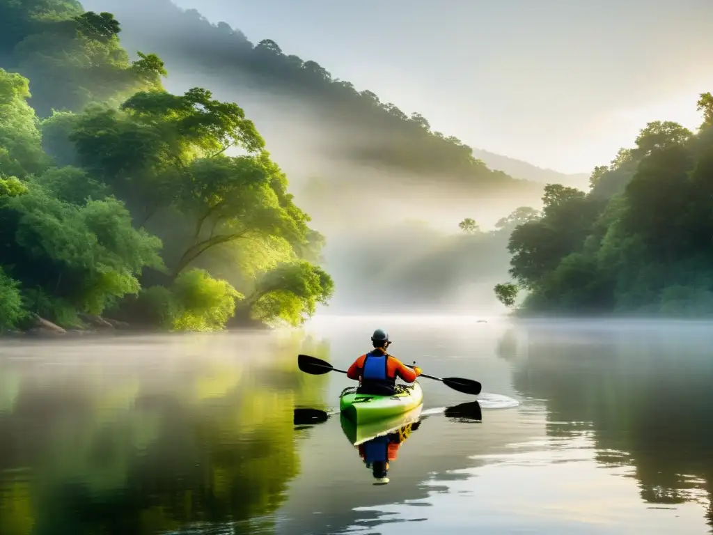 Un grupo de kayaks explorando un río sereno y neblinoso rodeado de exuberante vegetación