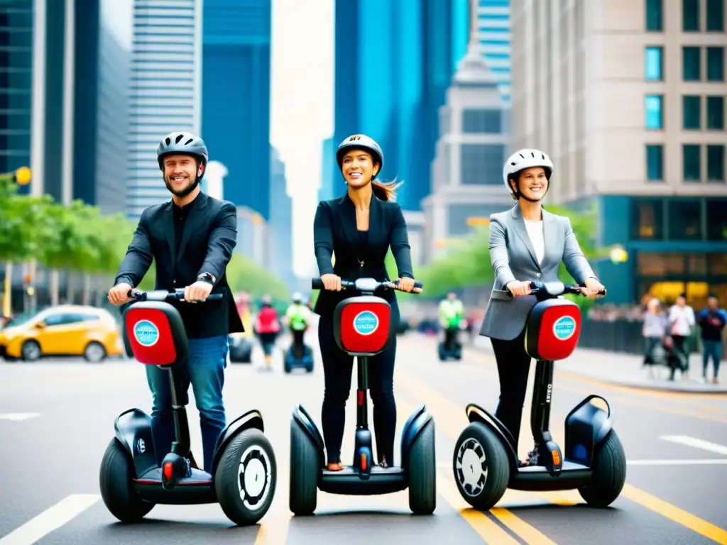 Grupo recorriendo en Segway una ciudad bulliciosa, con rascacielos de fondo y una atmósfera vibrante, ideal para recorrer en Segway