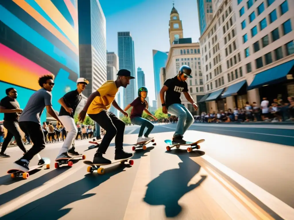 Un grupo de skaters recorre con gracia una bulliciosa calle de la ciudad, destacando sus vibrantes tablas de skate cubiertas de grafitis