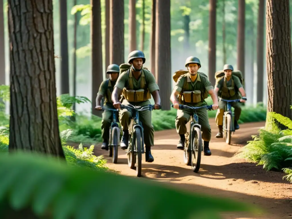 Grupo de soldados pedaleando en bicicleta a través de un bosque, con rifles en la espalda, bajo la luz del sol entre los árboles