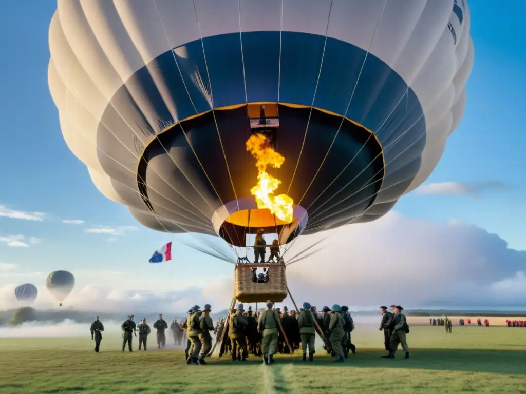 Un grupo de soldados lanza con cuidado un globo aerostático de papel con insignias militares, en una escena de urgencia y propósito