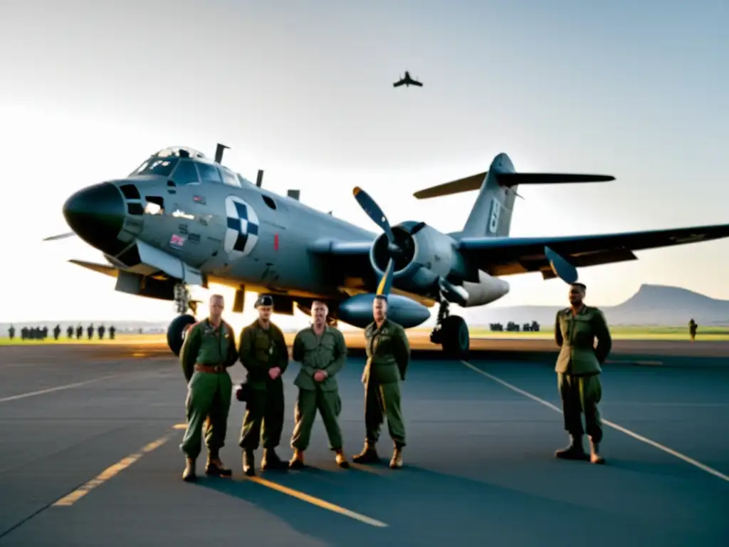 Un grupo de soldados frente a un avión militar en un paisaje de guerra