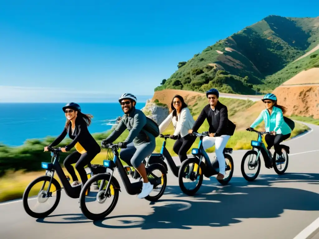 Comunidad en bicicletas eléctricas: un paseo sostenible Un grupo sonriente de personas en bicicletas eléctricas recorriendo la costa, con el mar y cielo azul de fondo