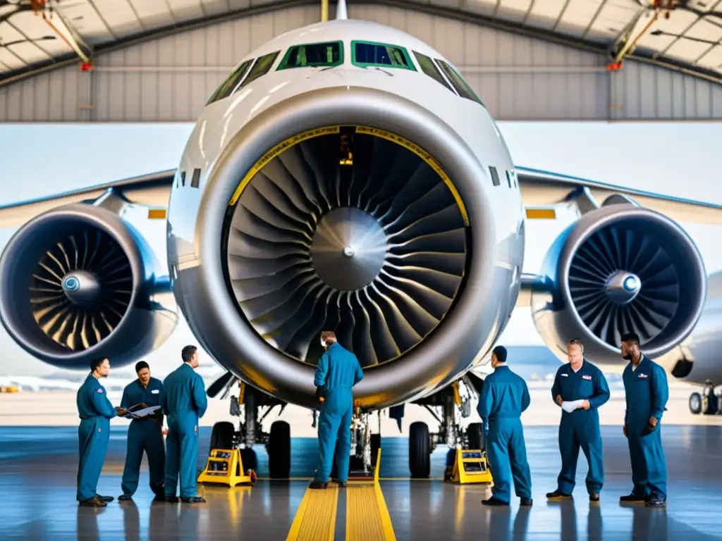 Un grupo de técnicos en trajes de vuelo inspecciona meticulosamente el motor de un avión comercial en un hangar espacioso y bien iluminado