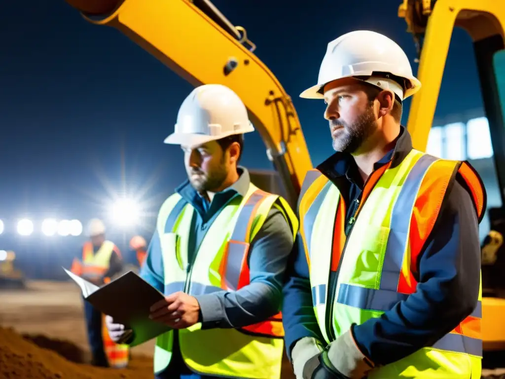 Un grupo de trabajadores usando chalecos reflectantes tecnología evolución, operando maquinaria en un sitio de construcción con poca luz