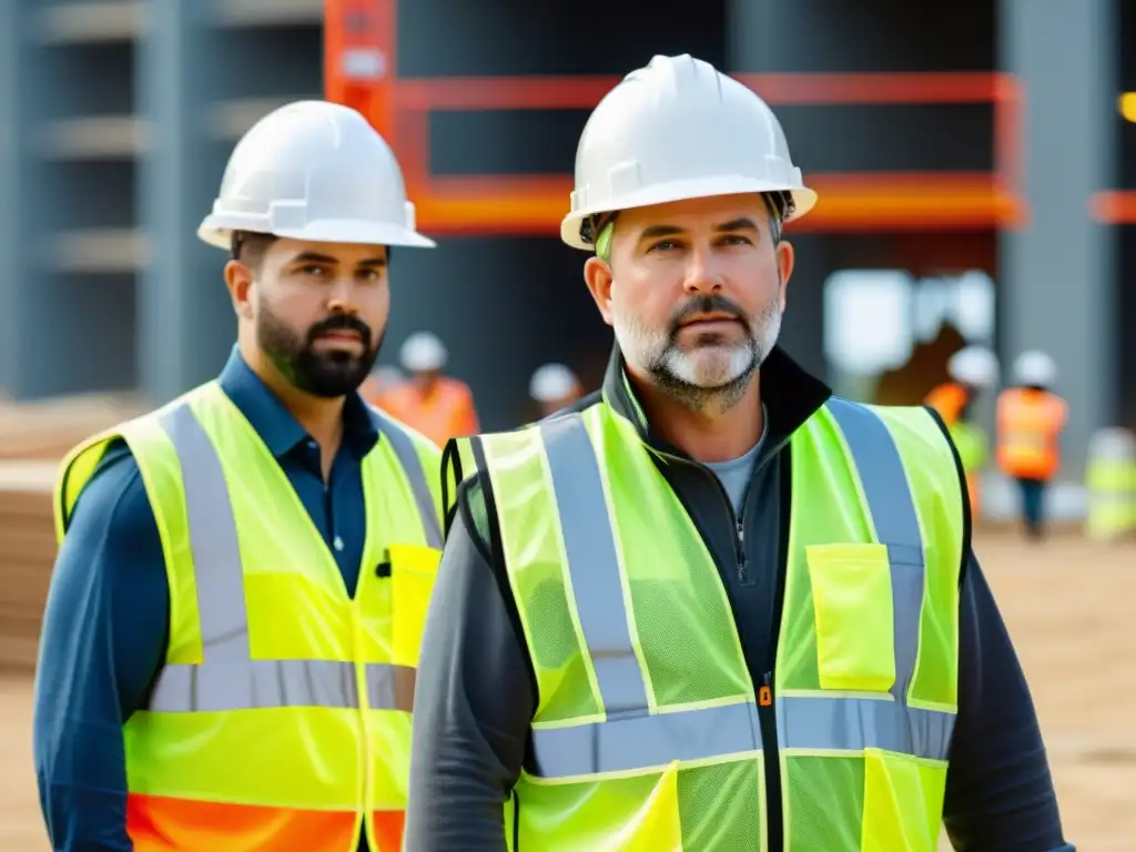 Grupo de trabajadores con chalecos reflectantes tecnológicos en obra, integrando innovación para seguridad laboral