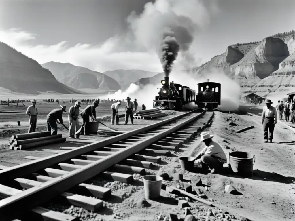 Grupo de trabajadores construyendo ferrocarriles en el salvaje Oeste, con una atmósfera de esfuerzo y determinación