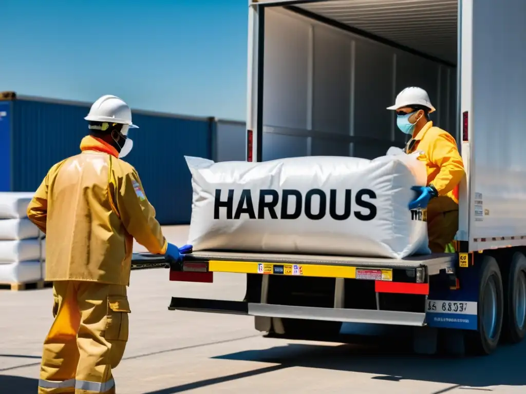 Un grupo de trabajadores de logística descarga materiales peligrosos con estrictos protocolos de seguridad y control de riesgos en transporte