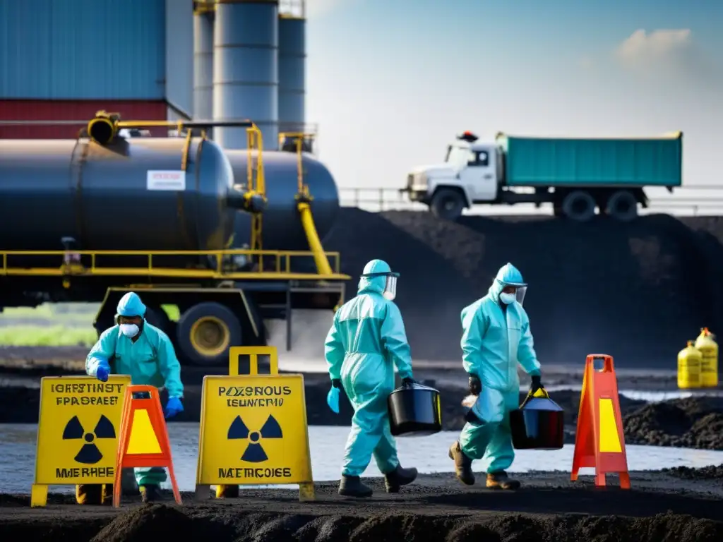 Un grupo de trabajadores con trajes hazmat recolecta cuidadosamente materiales peligrosos en un sitio de derrame, resaltando la importancia del manejo seguro de materiales peligrosos