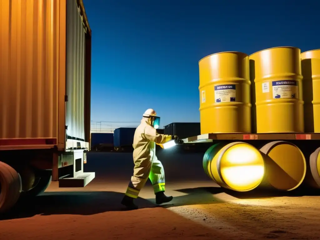 Un grupo de trabajadores con trajes protectores descargando barriles de sustancias peligrosas con precisión y cautela en un almacén iluminado por luces industriales