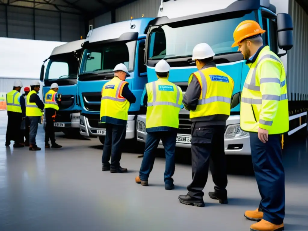 Un grupo de trabajadores inspecciona vehículos comerciales en un depósito de transporte