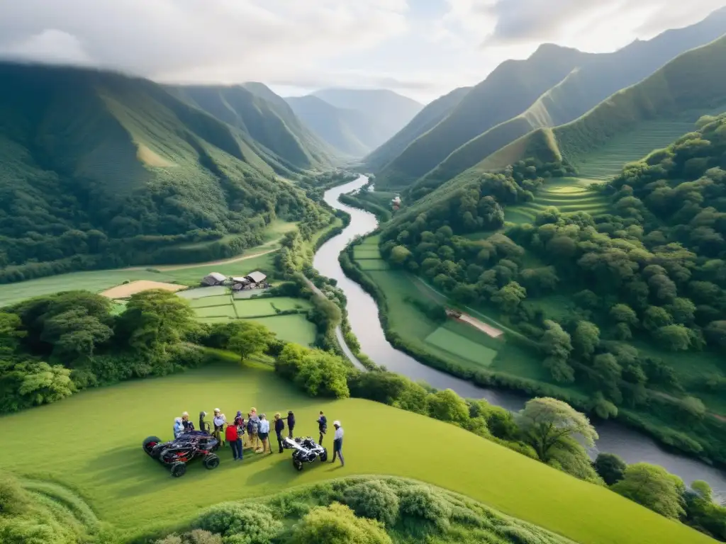 Un grupo de turistas se reúne en una colina pintoresca, listos para tours aéreos no tripulados destinos turísticos