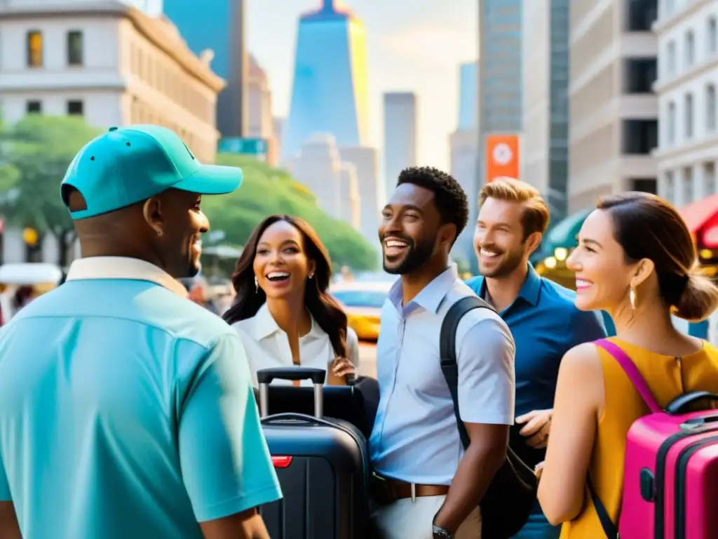 Un grupo de turistas diversos se reúne en una esquina de la bulliciosa ciudad, mientras un coche de Ride Sharing turismo inteligente espera